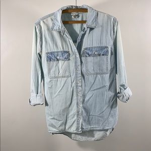 Light weight bleached blue wash denim button up